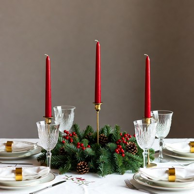 Red Candles Christmas Wreath Table Centerpiece