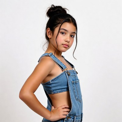 Girl in blue overalls hand on hip