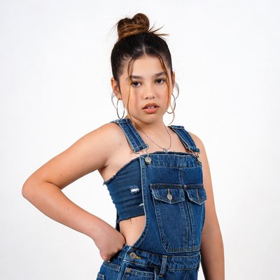 Girl in denim overalls on white background