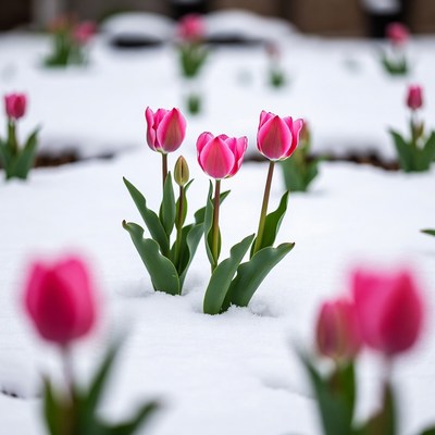 Pink tulips blooming in snow