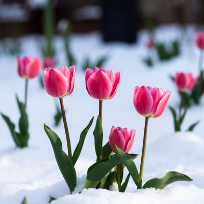 Pink tulips blooming in snow