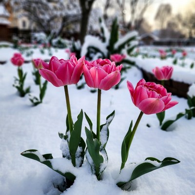 Pink tulips blooming in snow