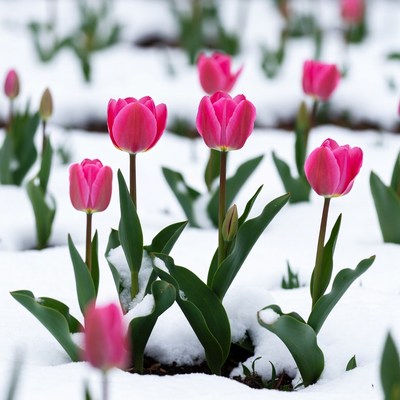 Pink tulips in snow