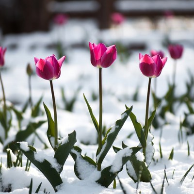Pink tulips in snow