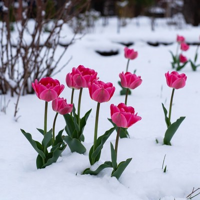 Pink tulips blooming in snow