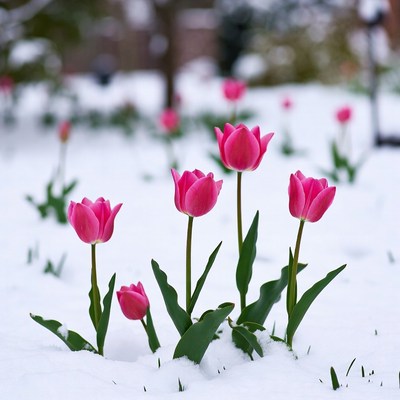 Pink tulips blooming in snow