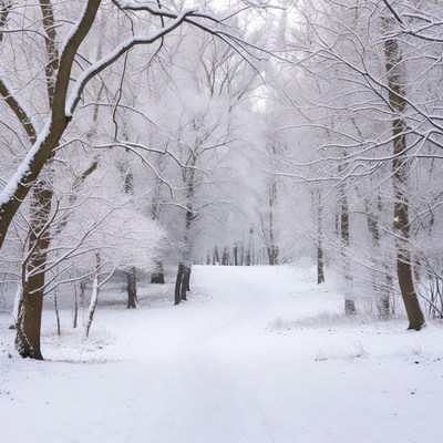 Snowy Trees in Winter Forest Path