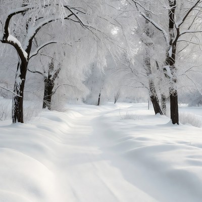 Snowy Path Through Frosted Trees
