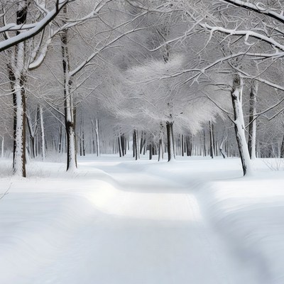 Snowy Trees Along Forest Path