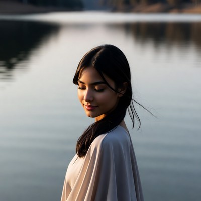 Asian woman by serene lake