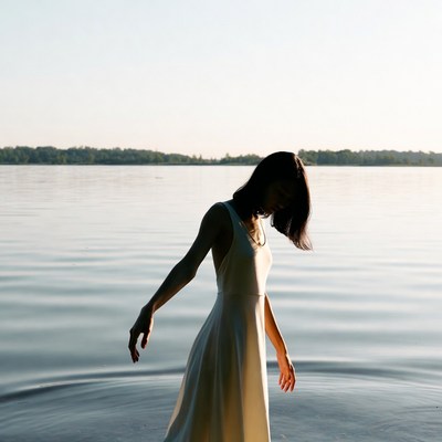 Woman dancing in white dress by lake