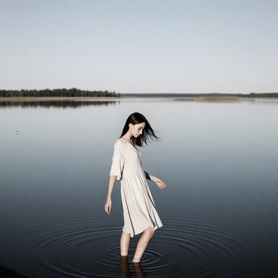 Woman standing in shallow lake water