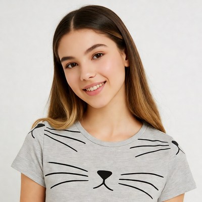 Girl smiling in cat face t-shirt