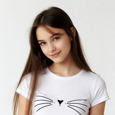 Girl smiling in cat face t-shirt