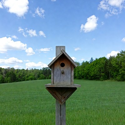 Birdhouse on post in green field
