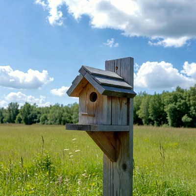 Wooden birdhouse on post in field