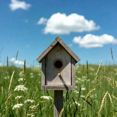 Wooden birdhouse in grassy field