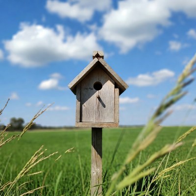Wooden birdhouse on pole in field