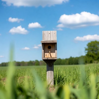 Wooden birdhouse in green field