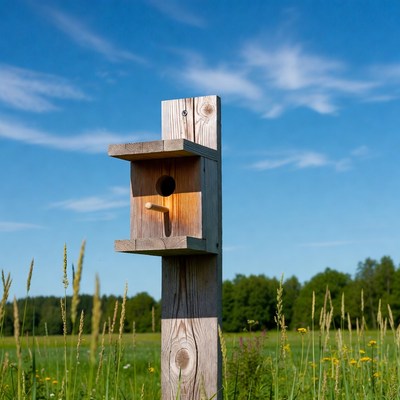 Wooden birdhouse on post in field