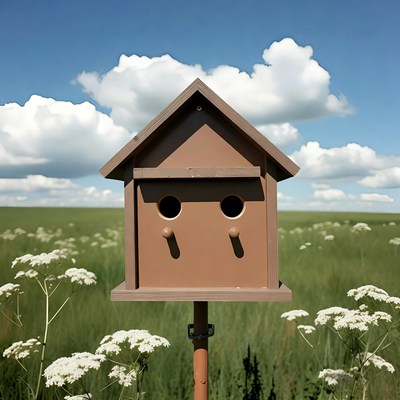 Birdhouse in grassy field
