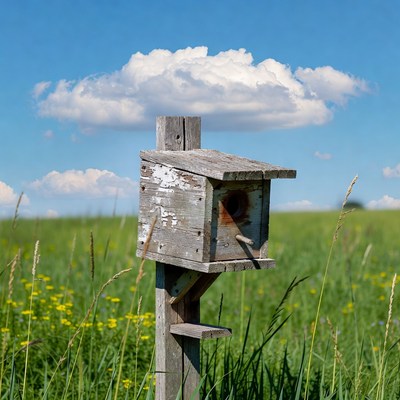 Old birdhouse in green field