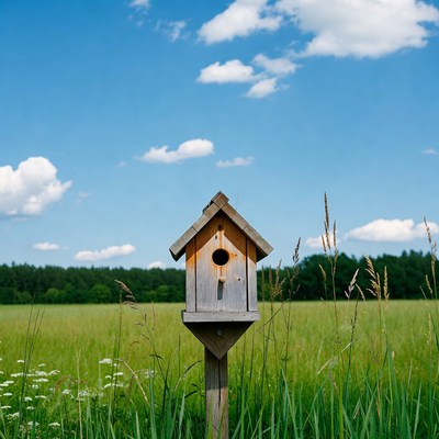 Wooden birdhouse on pole in meadow
