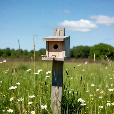 Wooden birdhouse in wildflower field