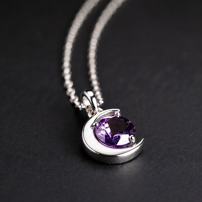 Silver crescent moon amethyst necklace