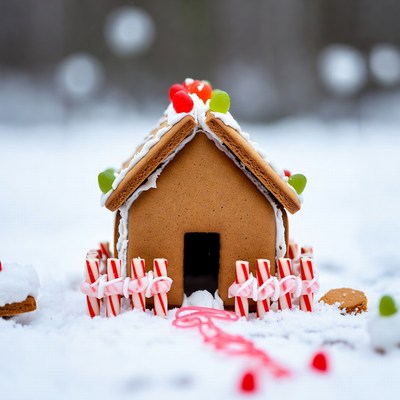 Gingerbread house in snow