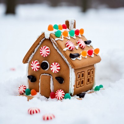 Gingerbread house in snow