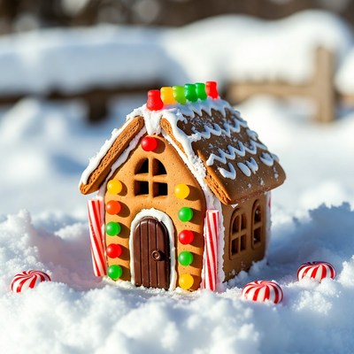 Gingerbread house in snowy landscape