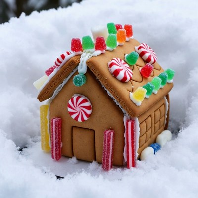 Gingerbread house in snow