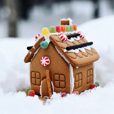 Gingerbread house in snow