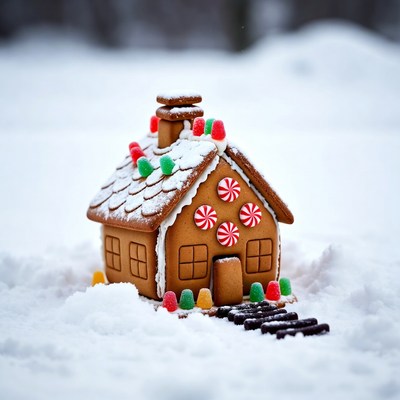 Gingerbread house in snow