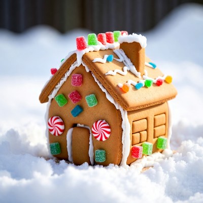 Gingerbread house in snow
