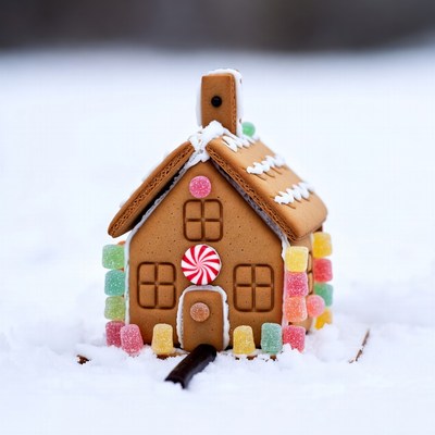 Gingerbread house in snow
