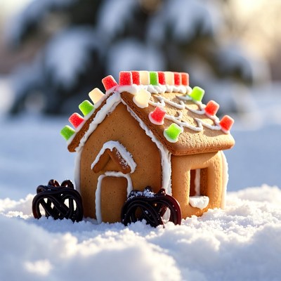 Gingerbread house in snowy landscape