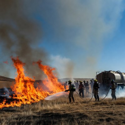Firefighters Battling Wildfire with Hose