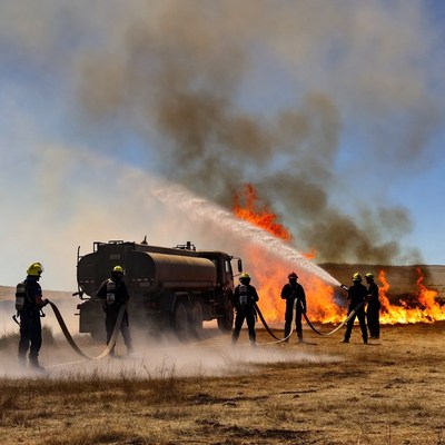 Firefighters battling wildfire with truck