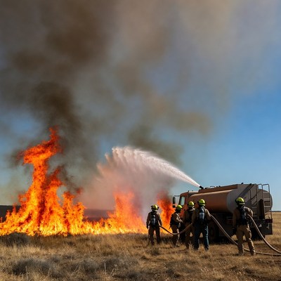 Firefighters battling wildfire with truck