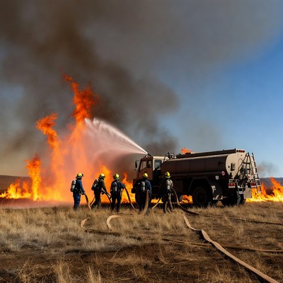 Firefighters battling wildfire with truck
