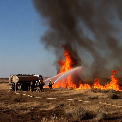 Firefighters battling wildfire with truck