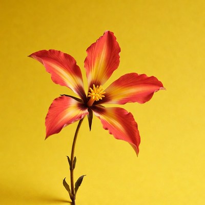 Red Orange Lily Flower on Yellow Background