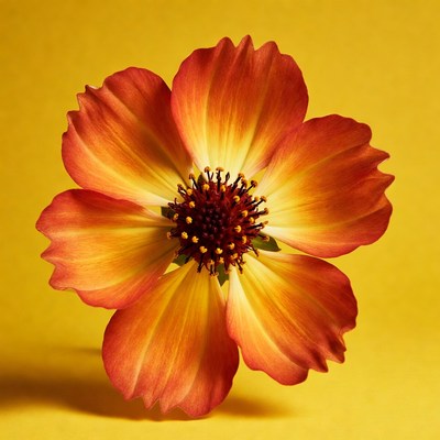 Orange Cosmos Flower on Yellow Background