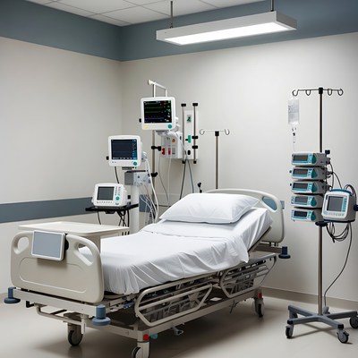 Empty Hospital Bed with Medical Equipment