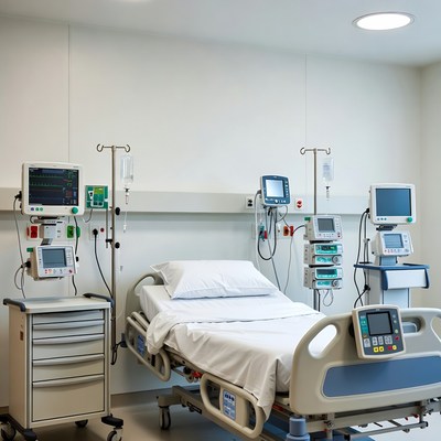 Empty Hospital Bed with Medical Equipment