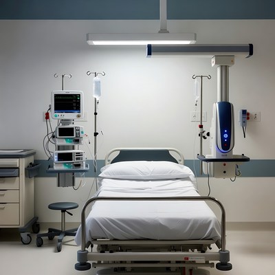 Empty hospital bed in room