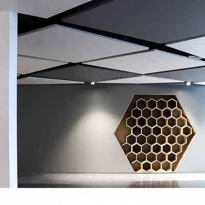 Hexagonal Wooden Bookshelf on Gray Wall