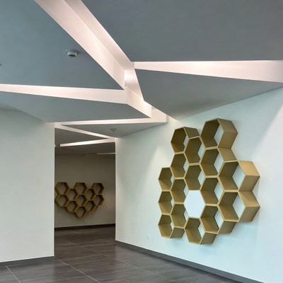 Gold honeycomb shelves on white wall